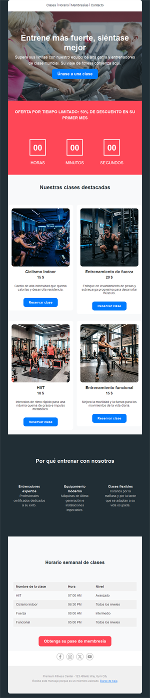 Email de clases de fitness con cuenta atrás
