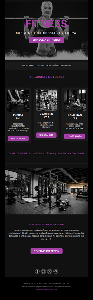 Email de gimnasio de fuerza en morado