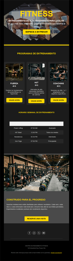 Email de programas de gimnasio con horario