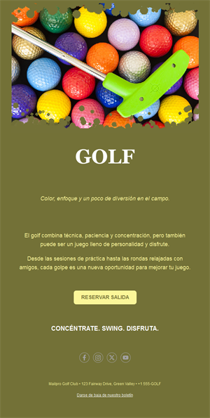 Email de minigolf con pelotas de colores