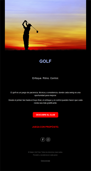 Email negro de club de golf al atardecer