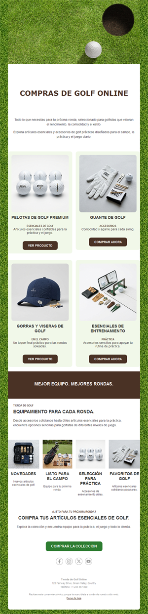 Email de tienda de golf con productos