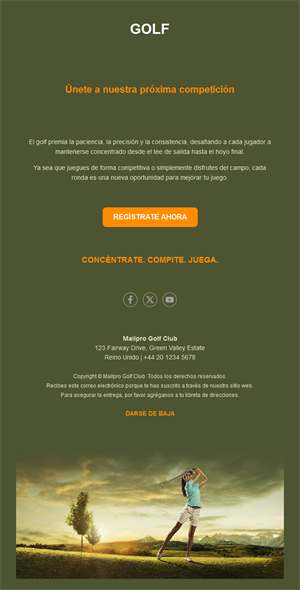 Email de inscripción a torneo de golf