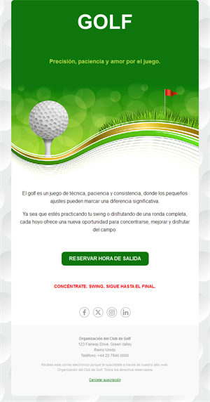 Email de reserva de tee time en club de golf