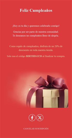 Email clásico rojo de cumpleaños con descuento