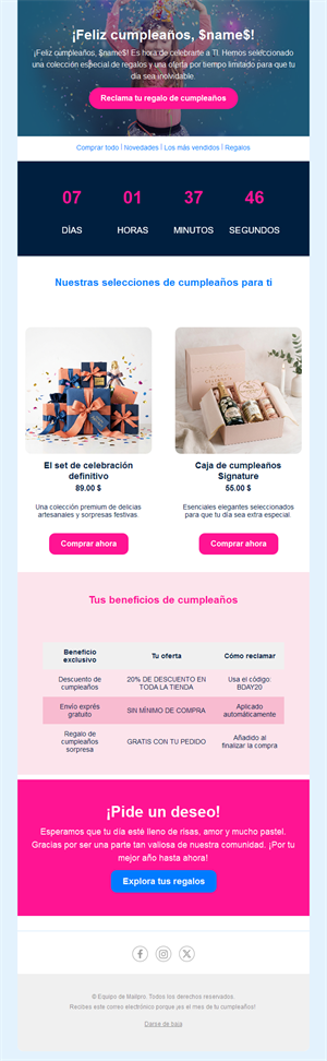 Email de ventajas de cumpleaños con cuenta atrás