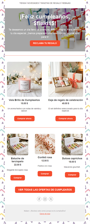 Email de ofertas de cumpleaños con productos