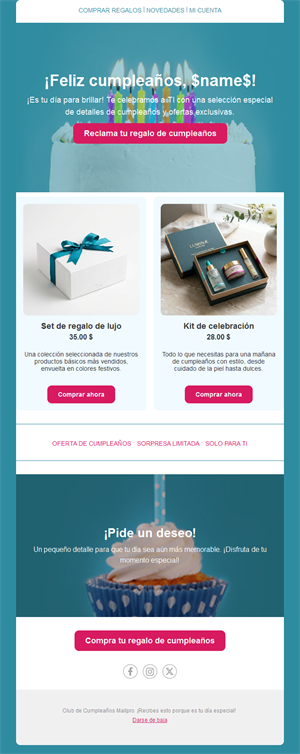 Email turquesa de regalos de cumpleaños