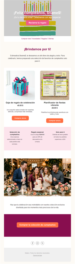 Email de selección de productos de cumpleaños