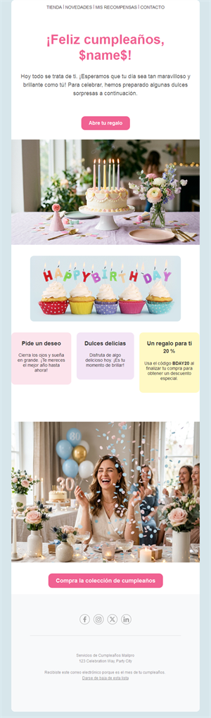 Email rosa de cumpleaños con código de descuento