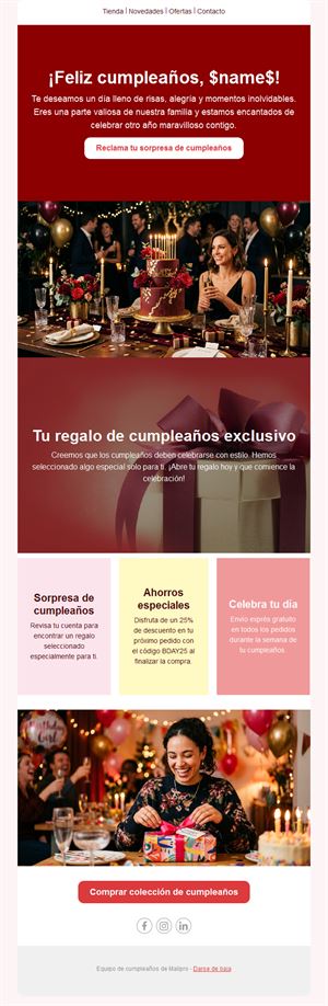 Email rojo de regalo y ahorro de cumpleaños