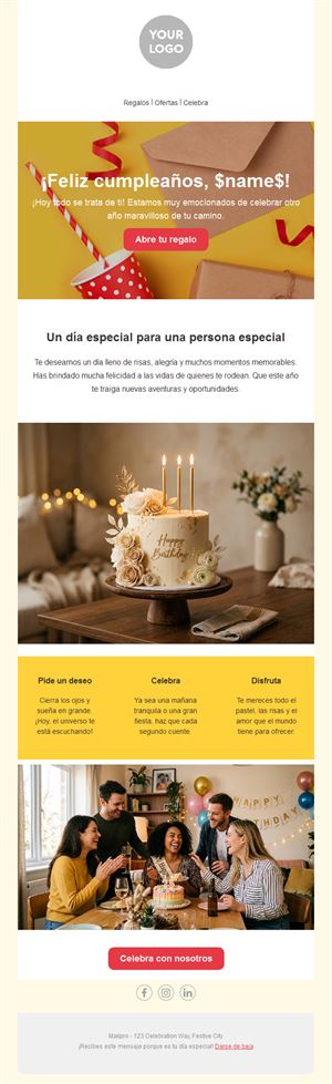 Email amarillo de regalo de cumpleaños