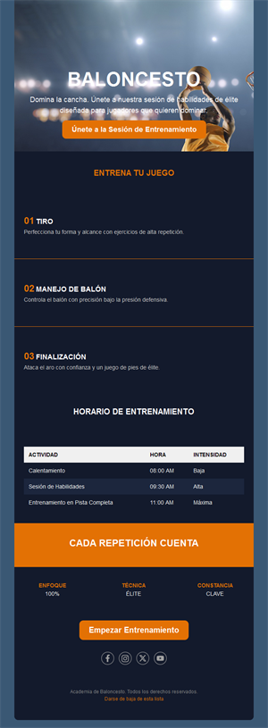 Email de horario de sesiones de baloncesto