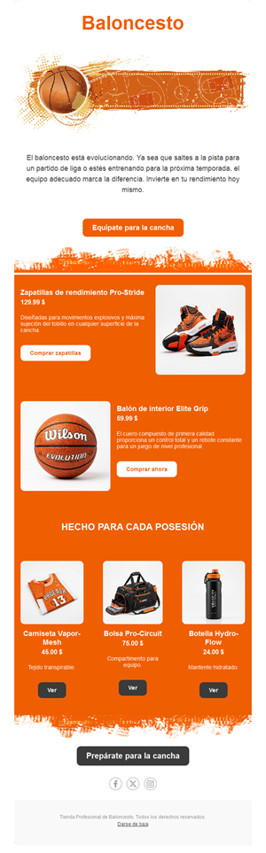 Email naranja de venta de material de baloncesto