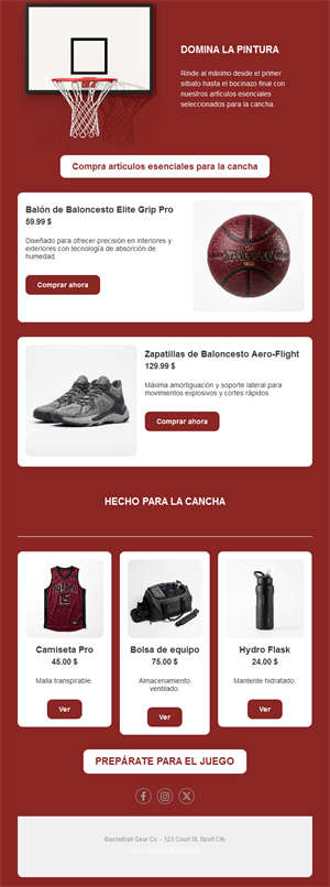Email rojo de tienda de baloncesto