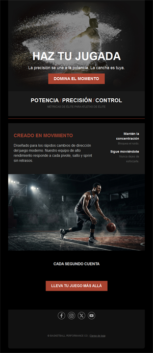 Email oscuro de rendimiento en baloncesto
