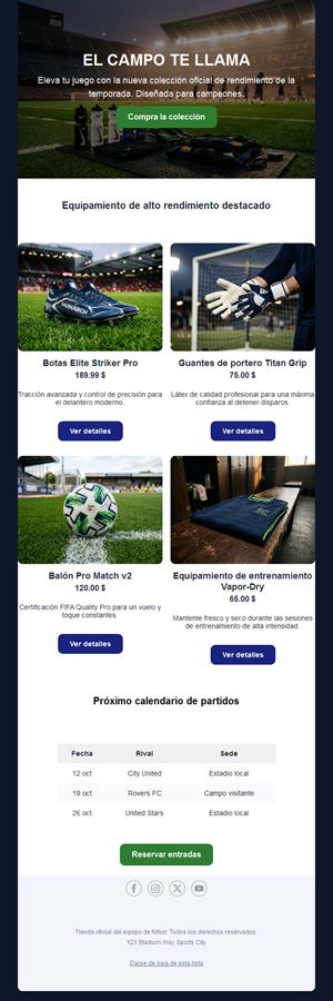 Email de colección de nueva temporada de fútbol