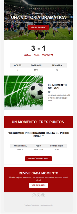 Email de resultado de partido de fútbol