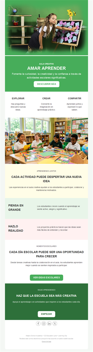 Newsletter verde de aula creativa