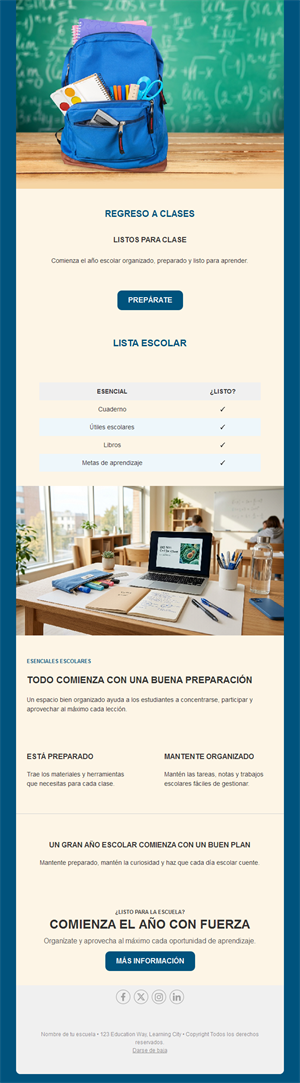 Email de vuelta al cole con lista de material