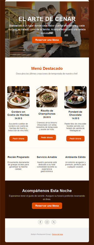 Email de menú destacado de restaurante