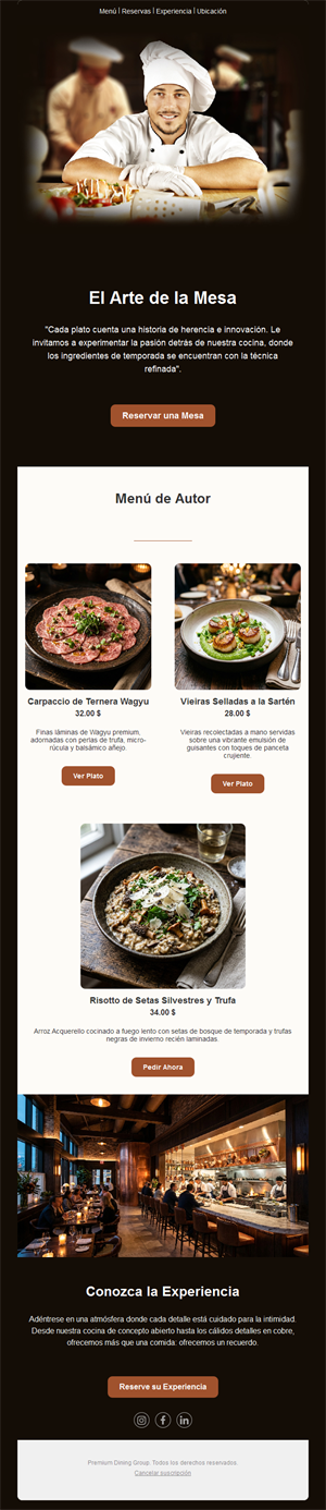 Email de menú del chef para restaurante