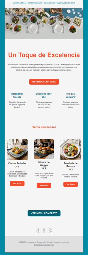 Email turquesa de platos destacados