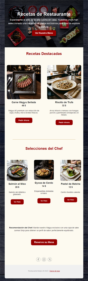 Email de pedidos online de restaurante