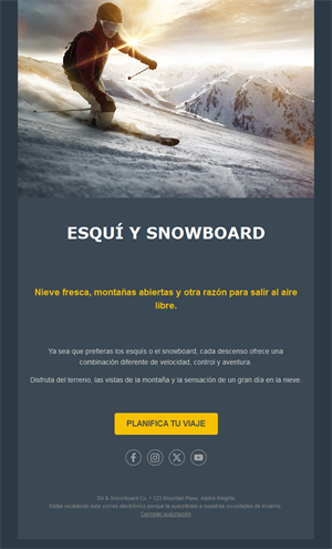 Email para planificar un viaje de esquí