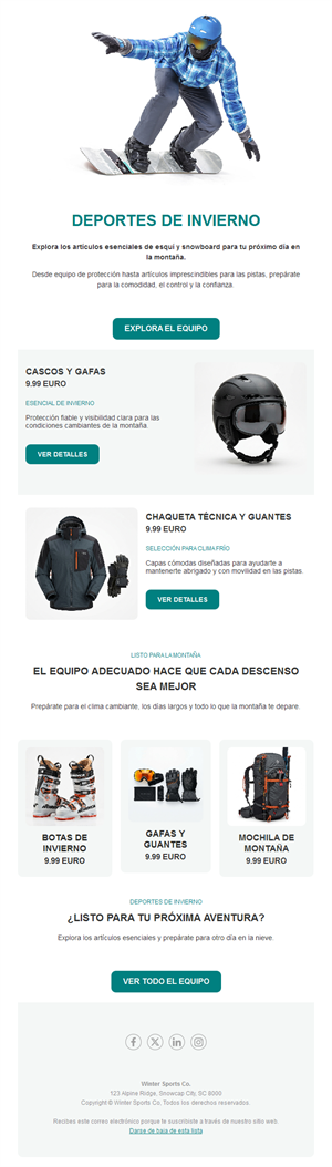 Newsletter de tienda de deportes de invierno