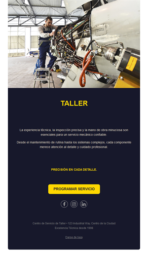 Email de taller azul marino y amarillo
