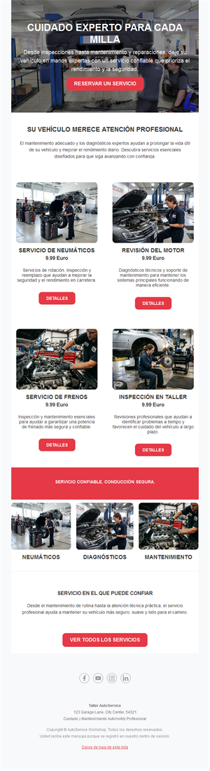 Email de servicios y precios de taller