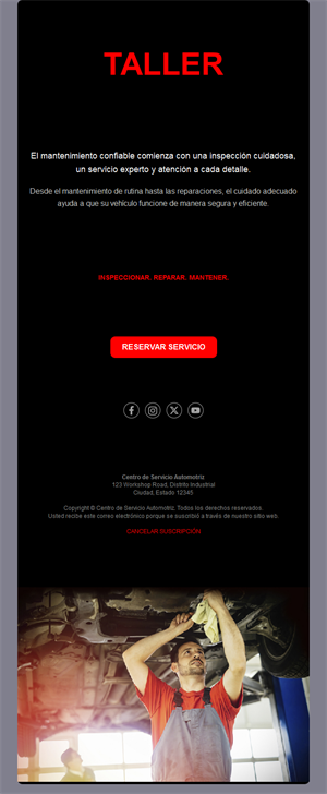 Email de campaña de taller en negro y rojo