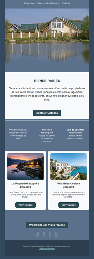 Email inmobiliario de propiedades junto al agua