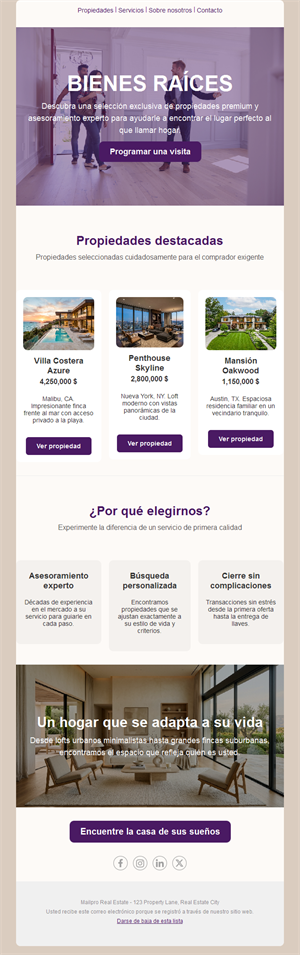 Email morado de anuncios inmobiliarios