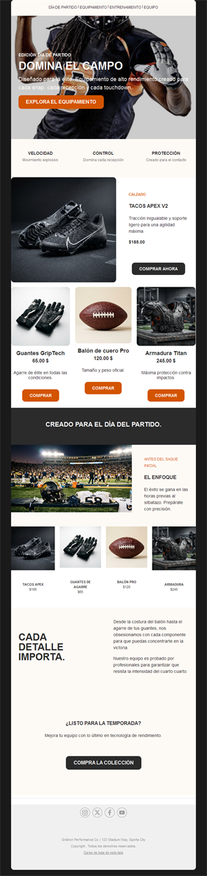 Email de tienda de equipación de fútbol americano