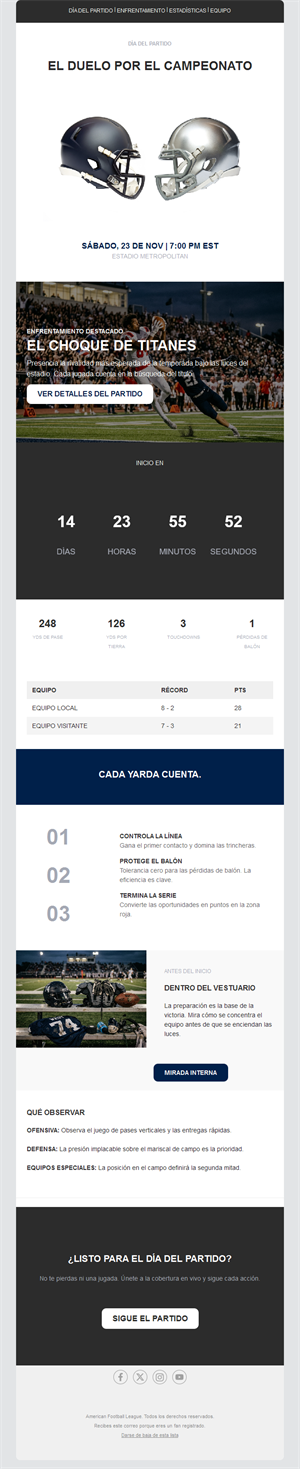 Email de día de partido con cuenta atrás