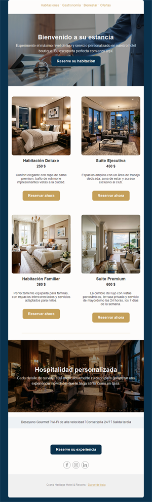 Email de habitaciones y precios de hotel