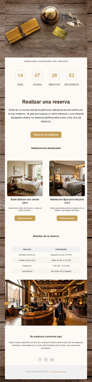 Email de reserva de hotel con cuenta atrás