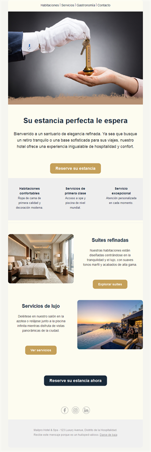 Email de suites y servicios de hotel de lujo