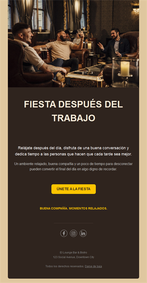 Plantilla de email de afterwork en un lounge