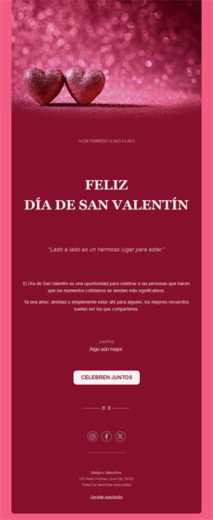 Email de San Valentín con corazones brillantes