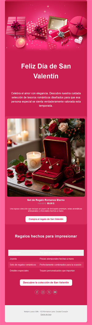 Email de regalo de San Valentín con producto