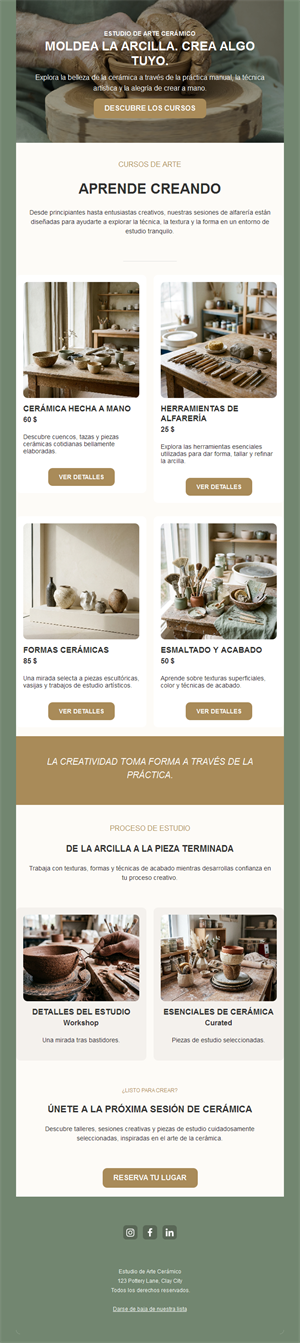 Email de taller de cerámica con productos y cursos