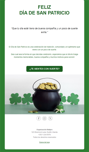 Email de San Patricio con olla de oro