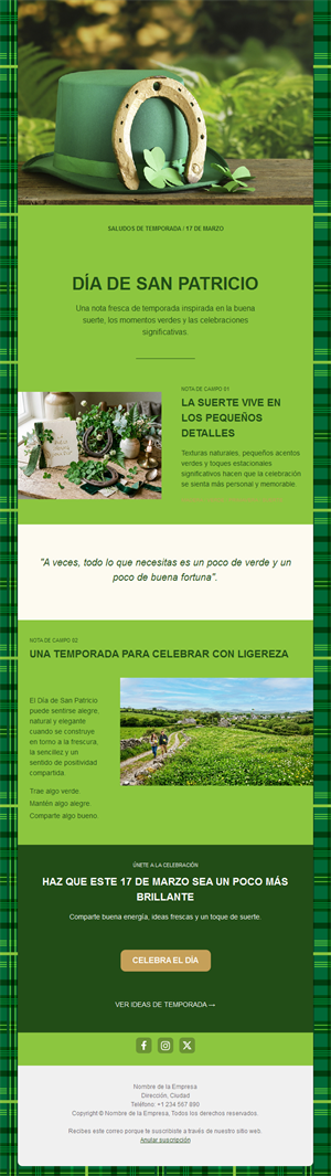 Newsletter de San Patricio en tartán verde