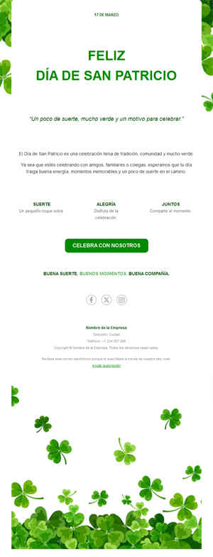 Email de felicitación de San Patricio con tréboles