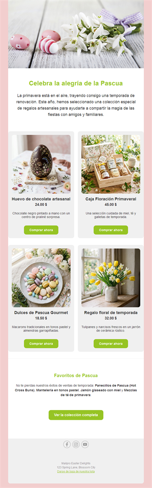 Email de tienda de Pascua con productos