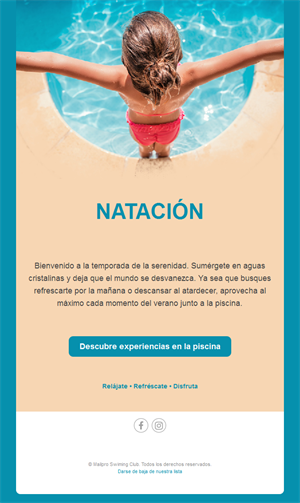 Email de experiencias de piscina en verano