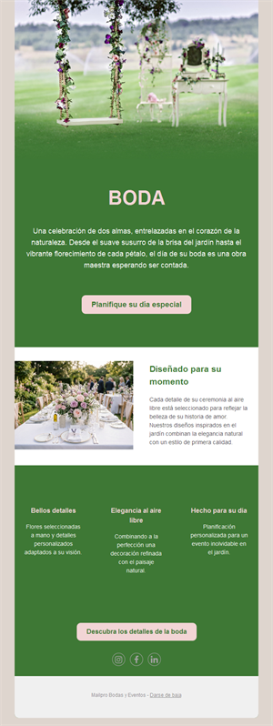 Email de boda al aire libre en jardín